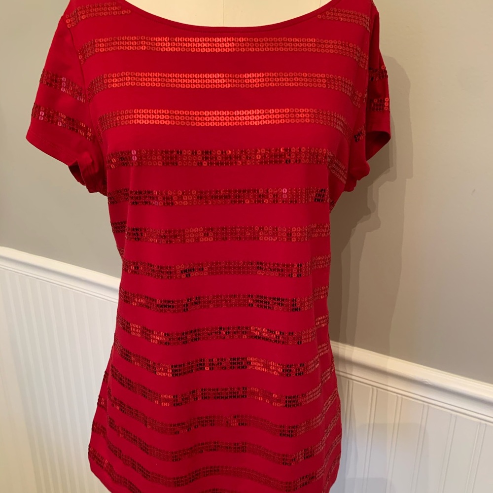 NWOT LOFT Red Striped Sequin Tee